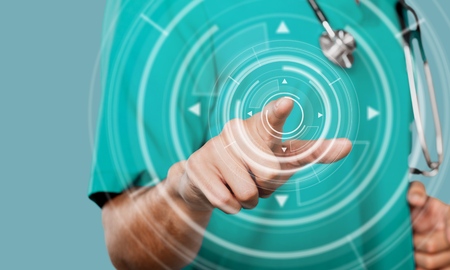 Doctor with stethoscope using digital health graphの写真素材