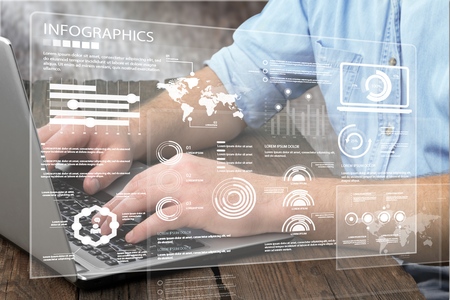 Man working on laptop and network digital illustration
