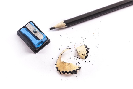 Pencil with sharpening shavings on white backgroundの写真素材