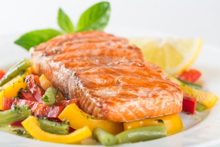 Grilled salmon and vegetablesの写真素材