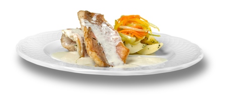 Delicious restaurant food in  plate isolated on whiteの写真素材