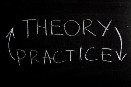 Theory and practice words written on the chalkboard