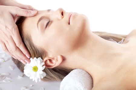 Portrait of a Woman Having a Head Massageの写真素材