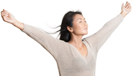 Friendly Asian Woman Stretching with Arms Open - Isolated