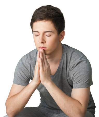 Teen boy thinking isolated on white background: Imágenes y fotos libres de derechos