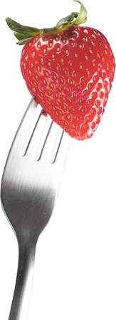 Red fresh strawberry and fork isolated on white backgroundの写真素材