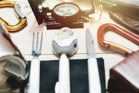 Traveler accessories on table, top view, flat