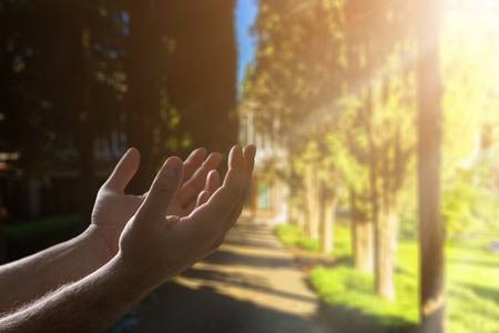 Human hands open palm up worship. Eucharist Therapy Bless God Helping Repent Catholic Easter Lent...