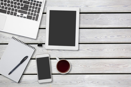 Top view workspace mockup on deskの写真素材