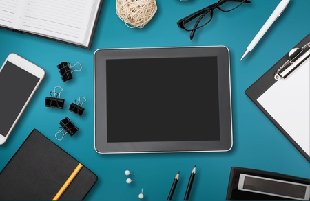Top view workspace mockup on white background