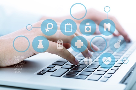 Woman Working with Laptop on  background, close-up