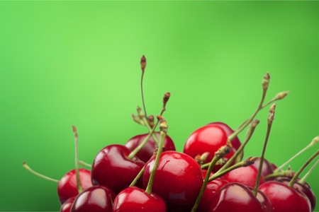Raw Cherries on green backgroundの写真素材