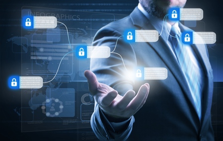 Blockchain technology concept with diagram of chain and encrypted blocks. businessman hand working...