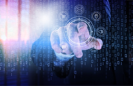 Person unlocking devices with fingerprint scan using biometrics security, concept with digital...