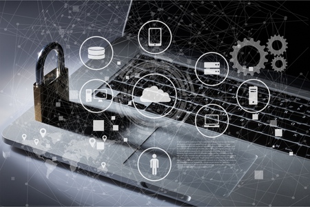 Data Management Platform (DMP) concept. Business man suit point finger to Infographic of texts and...