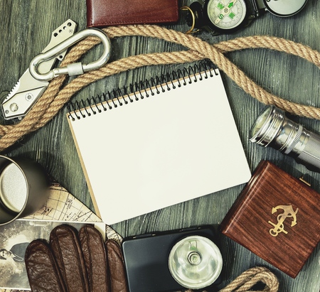 Traveler accessories on table, top view, flatの写真素材