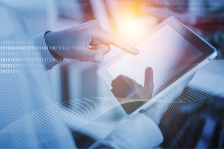 Business and technology, software development, IoT concept. Double exposure of man programmer,...