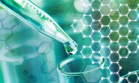 Science laboratory test tube and pipet with drop, laboratory equipment closeup