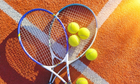 Tennis balls and racketsの写真素材