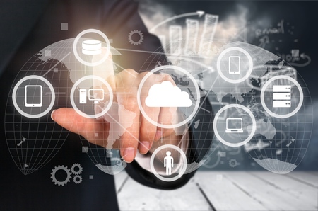Icons representing internet symbols connected with links, concept about cloud-based networking and...