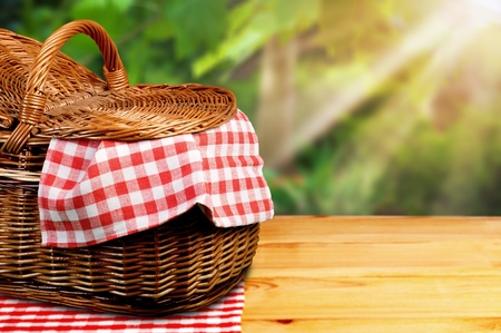 Picnic Basket with napkin om nature backgroundの写真素材