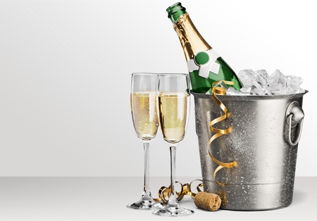 Two glasses of champagne and bottleの写真素材