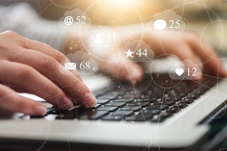 Social media and Marketing virtual icons screen concept.close up of businessman typing keyboard with...