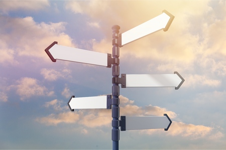 Blue sky arrow banner black blank board choiceの写真素材