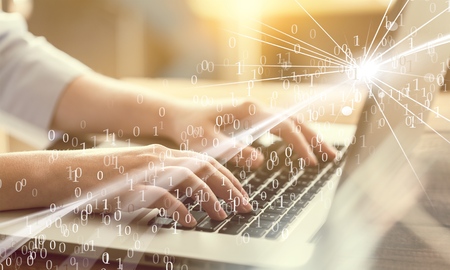 Woman typing computer with fast moving omnichannel business concept: Multi channel banking payment communication network digital technology internet wireless application development mobile smart appsの写真素材