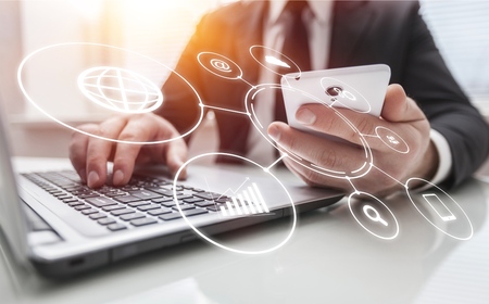 Business documents on office table with smart phone and digital tablet and graph finance with social...