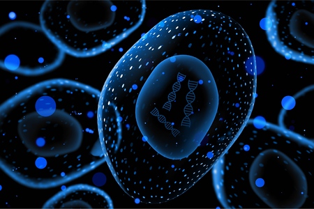 Close-up of virus cells or bacteria with dna on dark backgroundの写真素材