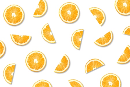Fruit pattern of orange slices isolated on white background. Top view. Flat lay
    
    - Image