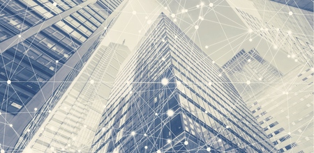 Line of network connection with cityscape in background. Smart city community connection concept. Freedom connect to the world by hi-technology. Easy life style connecting people.の写真素材