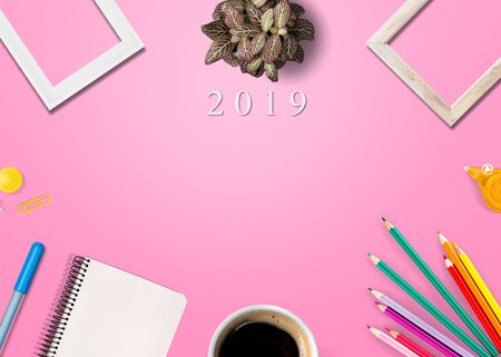 Mock up for the application of records, greetings for the new year 2019 in office style on purple...
