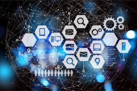 Data Management Platform (DMP) concept. Business man suit point finger to Infographic of texts and...