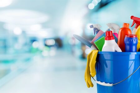 Cleaning lady with cleaning products on blurred background.