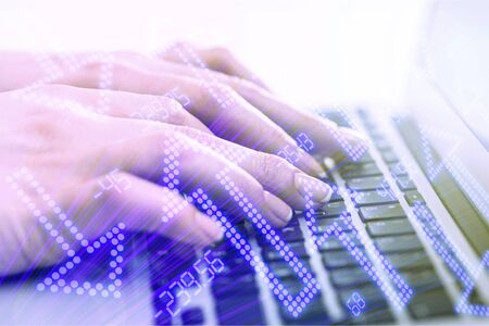 close up programmer man hand typing keyboard input code for register and unlock system password on...