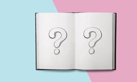 Card of question mark on pastel pink and turquoise blue background. Soft light color. Teenagers issues. Boys and girls or men and women problems and solutions concept. Couples relationships.の写真素材