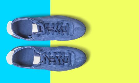 Stylish new shoes on color background, top viewの写真素材