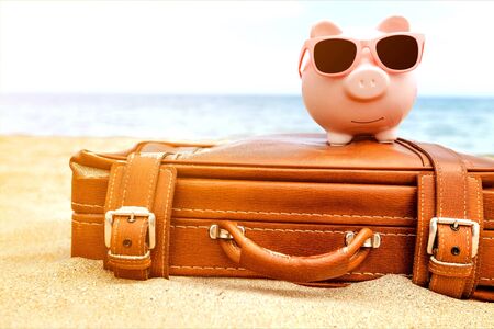 Pink piggy bank in sunglasses on leather bagの写真素材