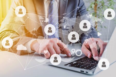Network digital technology illustration and man working on laptop