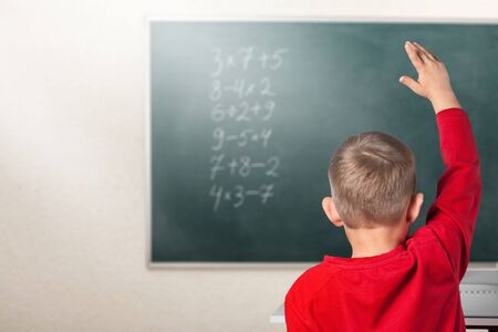 Pupil raising arm during the lesson, Education and school concept