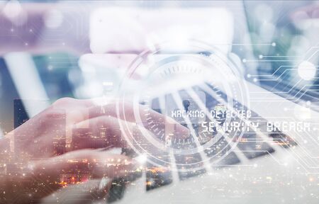 Cyber security concept, woman working on laptop