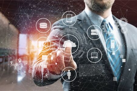 Data Management Platform (DMP) concept. Business man suit point finger to Infographic of texts and...