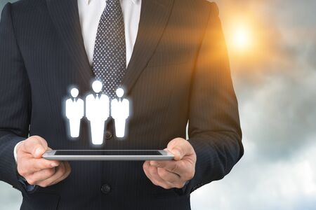 Business man holding opinion leader, team leader, market leader, Leading concepts.の写真素材