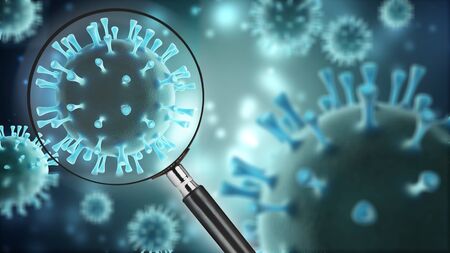 Close up of a red virus under a magnifying glass. There are blurred red viruses in the background....