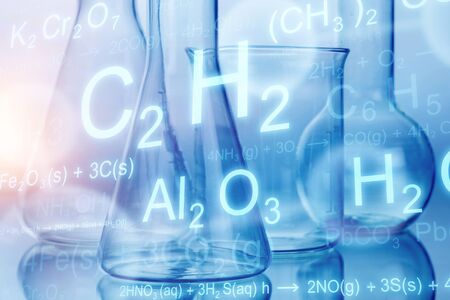 two glass flask in chemical science education laboratory with molecular structure in blue backgroundの写真素材