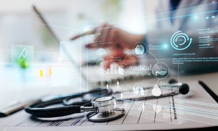 Man doctor with stethoscope and laptop