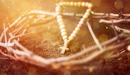 a depiction of the crown of thorns of Jesus Christ and a nail on the Holy Crossの写真素材