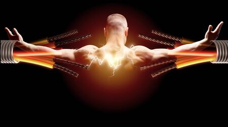 Image of bodybuilder showing his back, shoulders, triceps and biceps musclesの写真素材